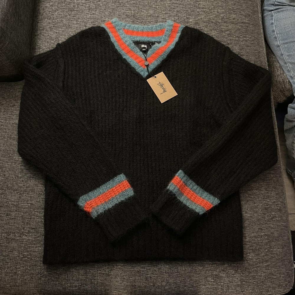 Stussy Mohair Tennis Sweater Mens Large Black V Neck Knit Pullover New Tags